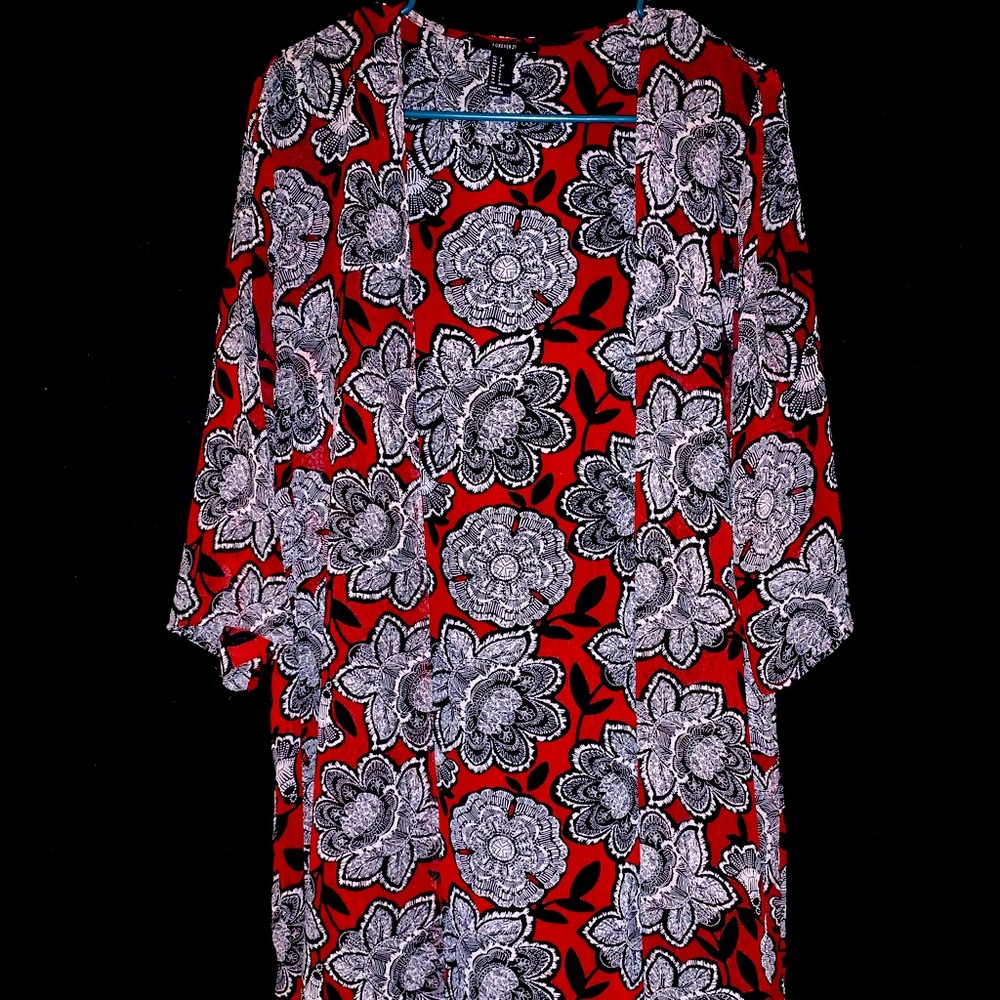 Red flowered knee length kimono